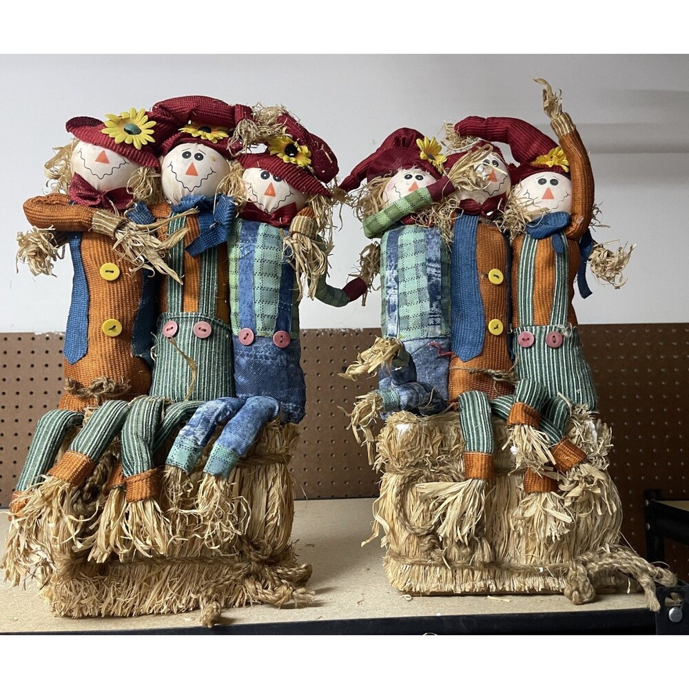 Lots of 2 Scarecrow trio on straw bale, Thanksgiving Halloween Decoration 20"